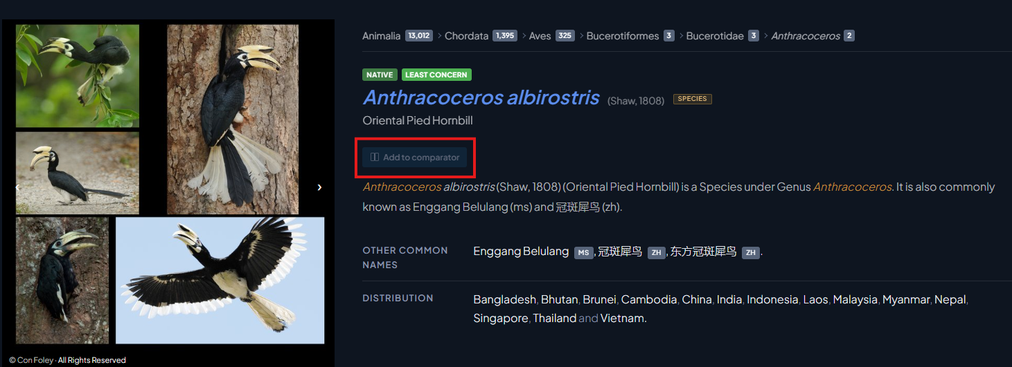 Add to comparator button on a taxon page