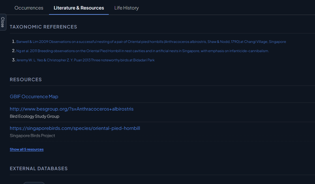 Literature and Life History tabs on a taxon page